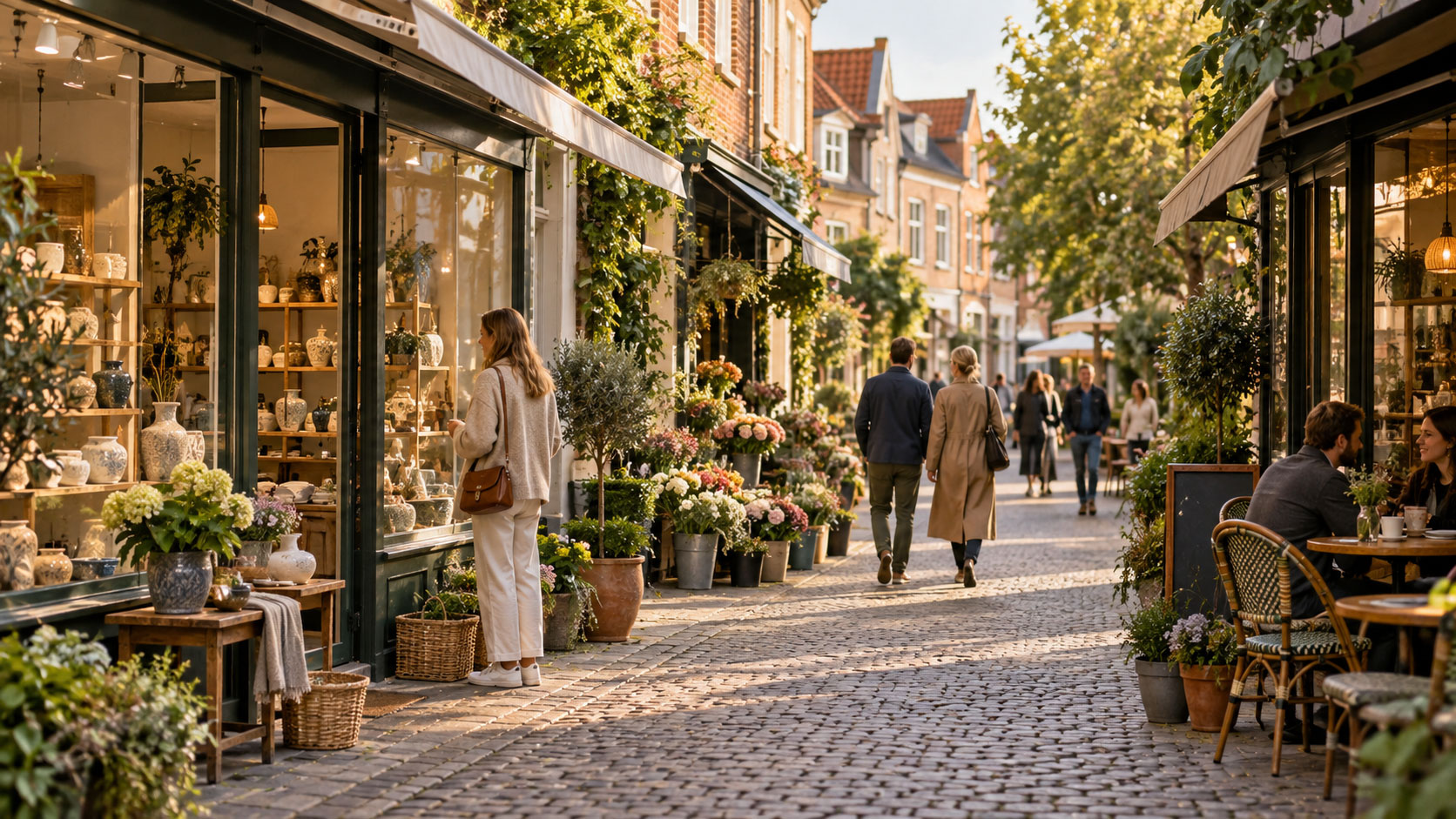 Mennesker på en brostensbelagt gågade med specialbutikker, blomster og en café.